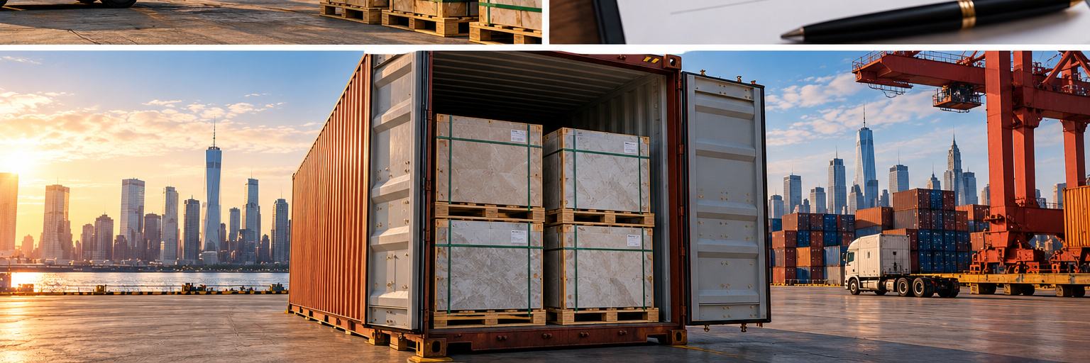 Export-packed vitrified tiles inside a shipping container at a US port